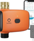 Orange WiFi Garden Hose Water Timer with Hub and Lumary app display for Remote Auto Irrigation, Rain Delay, Works With Alexa