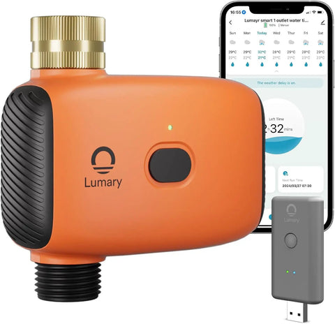 Orange WiFi Garden Hose Water Timer with Hub and Lumary app display for Remote Auto Irrigation, Rain Delay, Works With Alexa