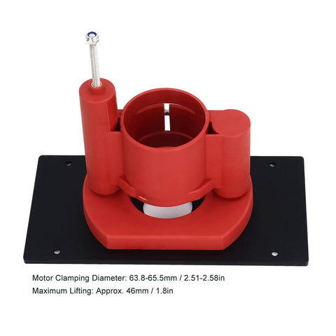 Amp Up Your Bench Work With Knockout 46 Mm Manual Router Lift Kit, red ABS base for 63.8-65.5 mm routers, top view.
