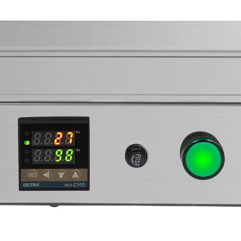 Control panel of the Straight Up Pro 110V Wine Bottle Cap Shrink Sealer Machine with digital thermostat and buttons.