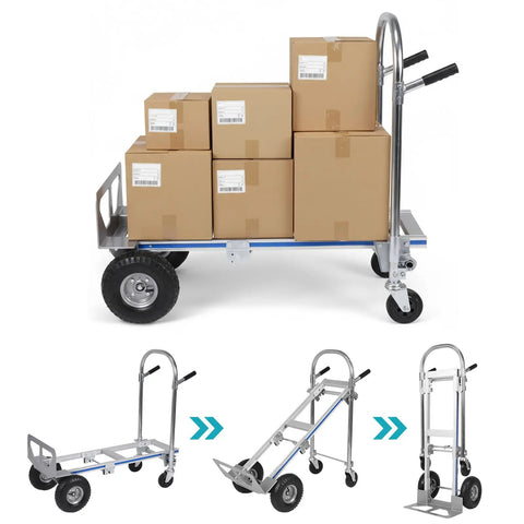 Beefy 3 In 1 Utility Dolly Cart With 550 Lb Capacity Heavy Duty Aluminum Frame Industrial Grade Convertible Cart For Moving Appliances Furniture And Luggage In One Handy Tool, loaded with boxes