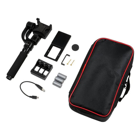 3 Axis Handheld Gimbal Stabilizer for GoPro Hero Smartphone and iPhone with brushless motors, foam handle, removable battery, charger, and carry case