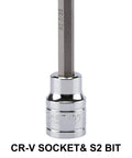 Close-up of a CR-V socket and S2 bit from the Long Three Eighths Inch Drive Hex Bit Socket Set With S2 Alloy Bits And CR V Sockets SAE And Metric Mix Eighteen Piece Kit From One Eighth To Three Eighths Inch And Three To Ten Millimeter Built Like A Workhorse For Tough Jobs And Everyday Gearhead.