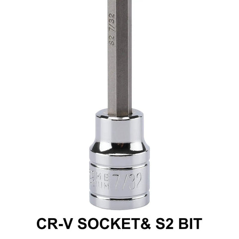 Close-up of a CR-V socket and S2 bit from the Long Three Eighths Inch Drive Hex Bit Socket Set With S2 Alloy Bits And CR V Sockets SAE And Metric Mix Eighteen Piece Kit From One Eighth To Three Eighths Inch And Three To Ten Millimeter Built Like A Workhorse For Tough Jobs And Everyday Gearhead.