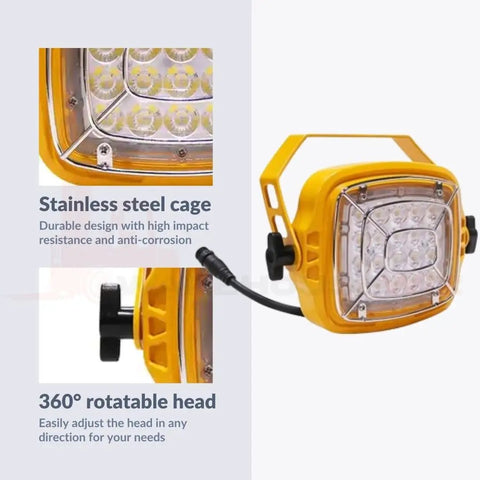 Job Site Beast Heavy Duty 50W Led Loading Dock Light With 40 Inch Folding Arm And Stainless Steel Cage IK10 Wet Rated Industrial Fixture For Warehouses And Hangars Safety Yellow