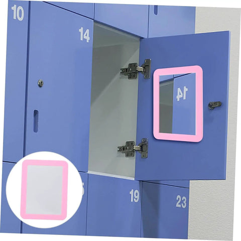 Magnetic Locker Mirror 5x7 Inches Real Glass With Strong Magnetic Backing Pink Small Mirror on a blue locker door.