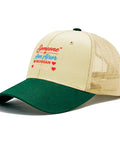Lightweight Womens Sports Trucker Cap with low profile front, airy mesh ventilation eyelets, and sweat-wicking band in beige and green