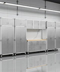 Heavy Duty 12 Piece Steel Garage Cabinet Storage Sets Featuring Lockable Rolling Workbench And Wall Cabinets in white with silver accents.