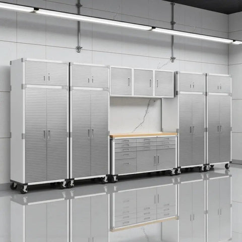 Heavy Duty 12 Piece Steel Garage Cabinet Storage Sets Featuring Lockable Rolling Workbench And Wall Cabinets in white with silver accents.