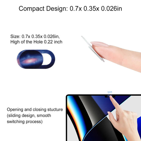 Straight Up Slick Laptop Camera Cover Slide Three Pack Webcam Privacy Protector Ultra Compact Plastic Shield shown with dimensions 0.7x0.35x0.026in.