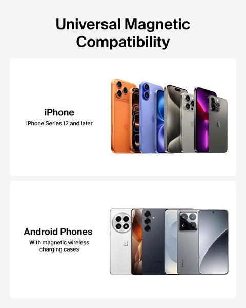 Image showing universal compatibility of Qi2 15W Magnetic Wireless Car Charger For Tesla Dash Mount with iPhones and Android phones.