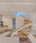 Living room with Smart Switch Kit for Single Pole Lighting With WiFi And RF Remote, showing group control feature and staircase.
