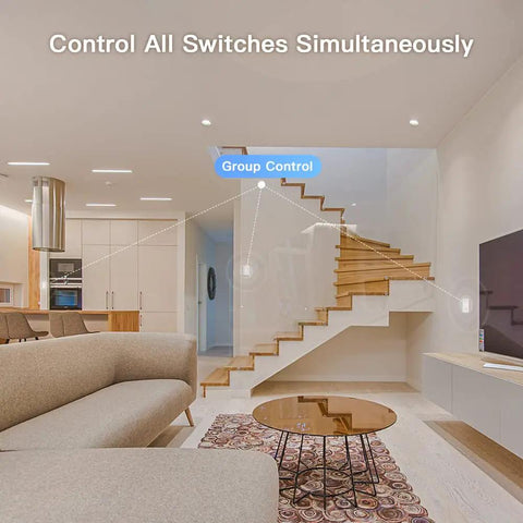 Living room with Smart Switch Kit for Single Pole Lighting With WiFi And RF Remote, showing group control feature and staircase.