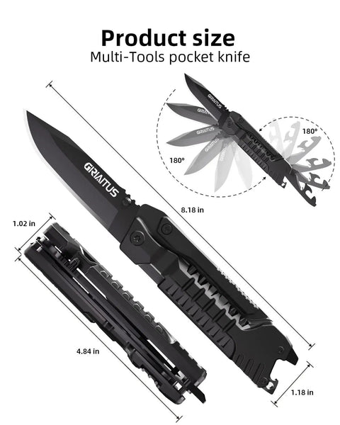 All In One Camping Multitool With Fire Starter, Bottle Opener, Saw, Screwdrivers, featuring compact pocket size and stainless steel blade