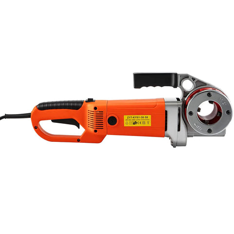 Straight Up Electric Pipe Threader With 2300W Copper Motor And Six Tough Dies Cutting Half To Two Inch Pipes side view with tool details.