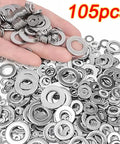 105 Piece 304 Stainless Steel Flat Washers And Fender Washers Set in Six Sizes M3 M4 M5 M6 M8 M10 displayed on hand