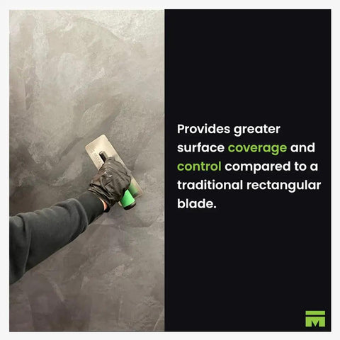 Worker using Stainless Steel Plaster Trowel With Trapezoid Blade, 9.4 By 4.7 Inch Venetian Plaster Tool for smoothing wall surface.