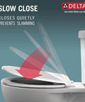 Round Front Slow Close Toilet Seat With Non Slip Bumpers in white, demonstrating quiet close feature, fits most round-front toilets.