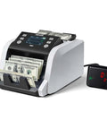 VEVOR High Speed Money Counter Machine For Dollars And Euros 1200 Bills Per Min showing USD bills in the hopper and TFT display.