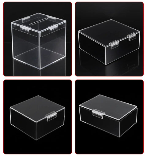 Clear Acrylic Self Adhesive Hinges 2.5 By 1.5 Inch 4 Pack on transparent boxes, showing hinge installation on craft boxes.