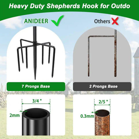 Comparison of Heavy Duty 84 Inch Shepherds Hook's 7 prong base with a 2 prong base, featuring steel pipe thickness details.