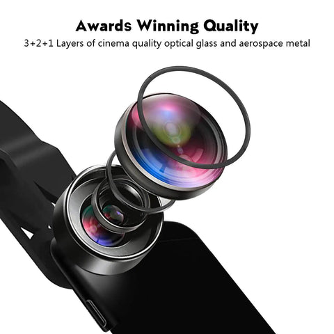 3 In 1 Phone Camera Lens Kit With 198 Degree Fisheye, 120 Degree Wide Angle And 20x Macro, clip-on, optical glass layers close-up