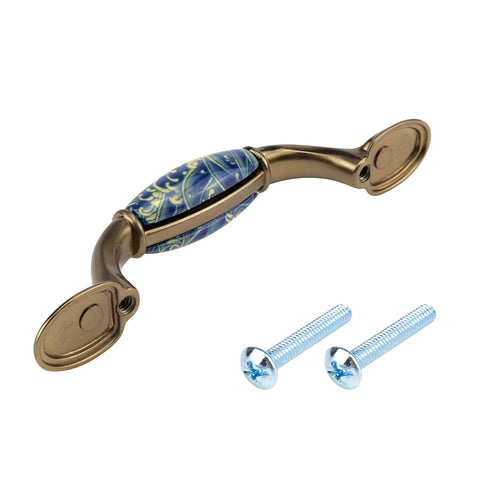 2 Pack Ceramic Cabinet Pulls with Brushed Brass Finish and Vintage Sea Wave Pattern, Zinc Alloy Core, shown with screws
