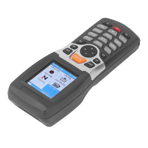 Wireless 1D Barcode Scanner With 2.4GHz Tech And 330 Ft Range, gray handheld with 2-inch color screen and keypad