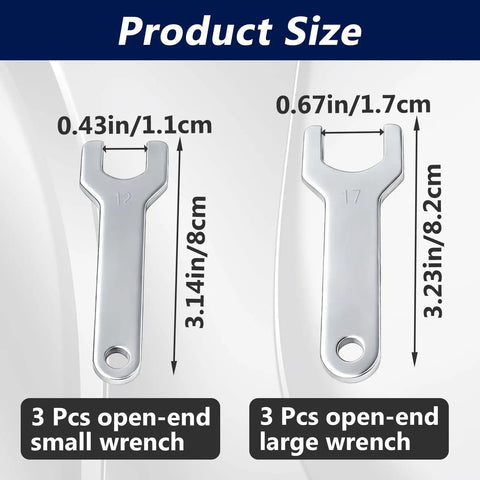 Image of two open-end wrenches from Six Pack 301-69A And 301-69B Pneumatic Die Grinder Wrench Tool Set, showing size dimensions.