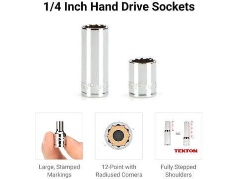 Close-up of 1/4 inch hand drive sockets with large stamped markings and 12-point design, part of Your Go-To 1/4 Inch Drive Socket Set.