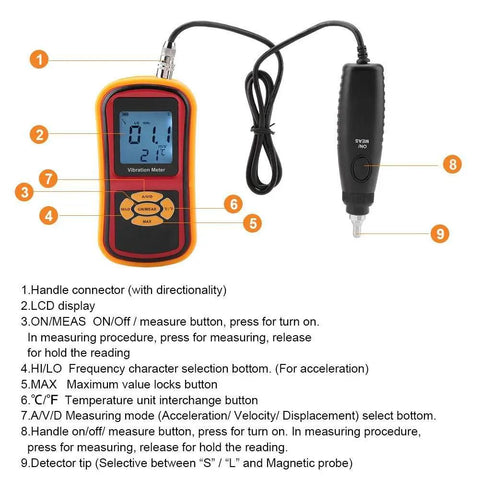 Portable Handheld Vibration Meter With LCD Display And Split Measurement, Digital Vibration Tester For Motors, Fans, Bearings And Mechanical Watches, Includes S And L Probes, Compact Vibe Analyzer For Quick Diagnostics And Accurate Readouts.