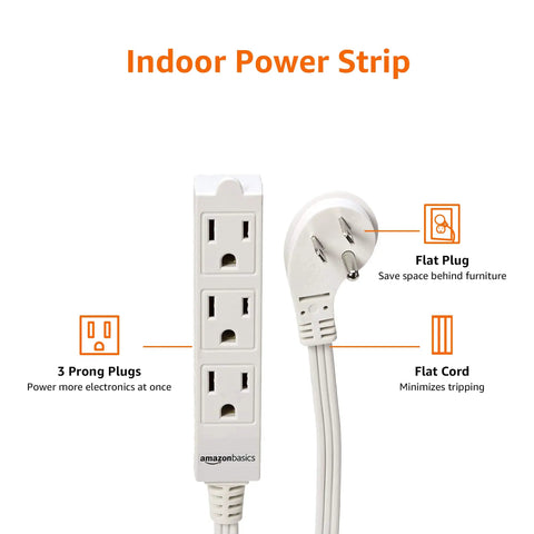 Flat Plug Space Saving 6 Foot Indoor 3 Prong Power Strip Extension Cord Grounded 13 Amps 1625 Watts 125 Volt White 2 Pack