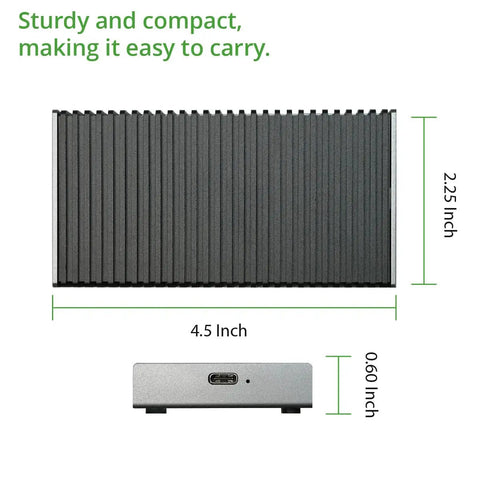 Blazing Fast Portable Nvme Usb4 Type C External Ssd Drive With Rock Solid Aluminum Enclosure dimensions 4.5x2.25x0.60 inches.