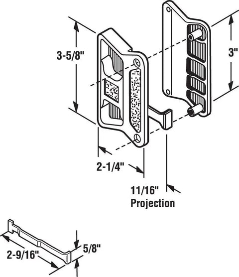 Sliding Screen Door Latch And Pull In Black Easy Install For Superior Aluminum Precision And Other Brands With 9 By 32 Inch Mounting Holes Non Handed Design For Both Left Or Right Doors Tough Plastic Pull Single Pack Replacement diagram with dimensions and components.