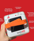 Close-up of Solar Camping Lantern Inflatable LED Lamp with USB port, LED indicators, orange strap, and solar panel, held by hand.