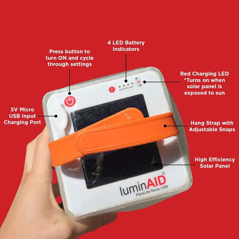 Close-up of Solar Camping Lantern Inflatable LED Lamp with USB port, LED indicators, orange strap, and solar panel, held by hand.