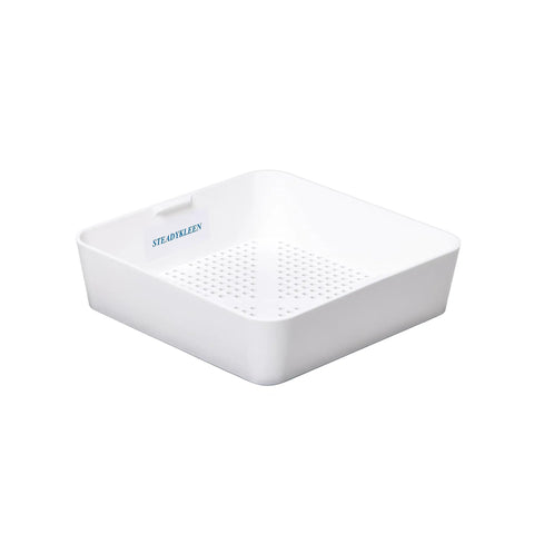 8.5 Inch Floor Sink Drain Cover And Drain Basket For Restaurants, Catches Food Scraps With 0.19 Inch Holes, Easy Install Plastic Sink Strainer Screen For Below Three-Compartment Sinks, Keeps Drains Clear, No Clogs Or Odors. White thermoplastic basket with small holes, angled view.