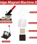 DIY Fridge Magnet Making Kit 2x2 And 2.5x2.5 Inch Square Magnet Press with paper cutter, supplies shown