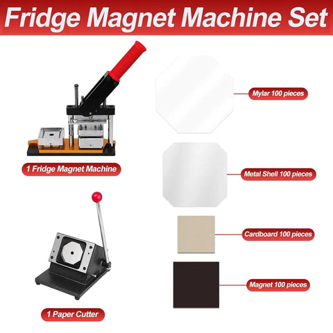DIY Fridge Magnet Making Kit 2x2 And 2.5x2.5 Inch Square Magnet Press with paper cutter, supplies shown