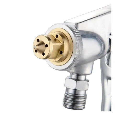 Close-up of the nozzle of Heavy Duty F-75 Spray Gun With Aluminum Cup And Silver Handle For Car Auto Bodywork Or Furniture Painting Adjustable Nozzle Control.