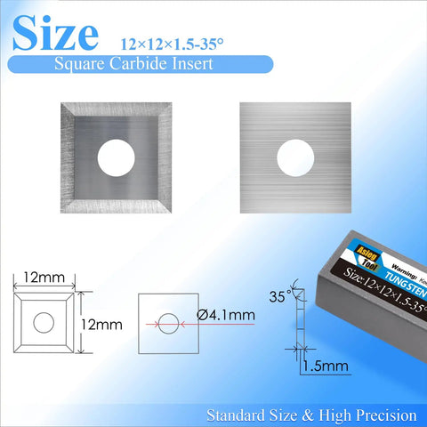12mm Square Tungsten Carbide Replacement Cutters Inserts For Woodworking DIYers, 12x12x1.5mm, Four Edge Indexable Bevels