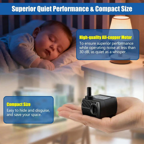 Ultra Quiet 5W Submersible Water Pump shown compact in hand, ideal size for aquarium use without disturbing sleeping baby