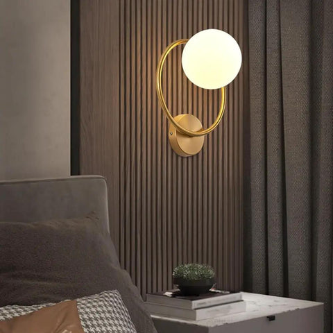 Modern Luxury Sphel Glass lampshade Wall Sconce 9.0 Inch Width den Iron Body Wall Lamp with 3 Color Mode Indoor Lighting Fixture for Bedroom