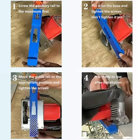 Plastic Adjustable Circular Saw Guide Rail And Milling Positioning Clamp For Woodworking Pros Precision Cutting Pro Grade Durable Base Guide For Accurate Milling Tasks 300mm Blue in setup steps with blue rail on saw machine on wooden surface.