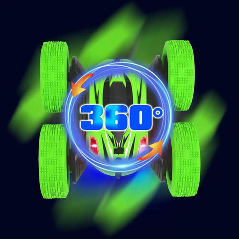 Green Two Pack RC Stunt Cars For Kids Fast 2.4GHz Remote Control Off Road Rock Crawler 4WD with double sided tumbling action.