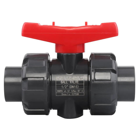 Front view of Solid Two Pack PVC True Union Ball Valve NPT Threaded With Full Port EPDM O Rings And Reversible PTFE Seats Rated At Two Hundred PSI One Half Inch NPT Threaded