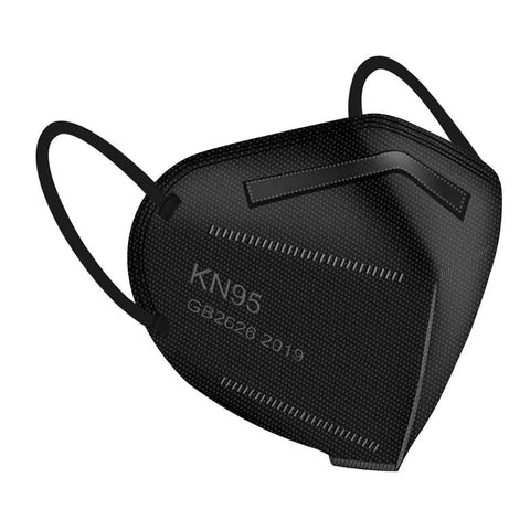 Five-Layer KN95 Face Mask Black For Men And Women Universal Fit All-Day Breathable Comfort Dust Protection For Home And Outdoor Use 30 Pack Lightweight Soft Earloops Ideal For Travel And Daily Activities, showing black mask with earloops and nose clip