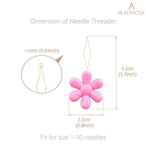 Embroidery Needle Threader Tool Set 5 Pcs Plastic Flower Head Threaders For Hand Sewing Cross Stitch Craft Knitting And Quilting In Mix Colors White Pink Blue Green Yellow Purple, pink threader with dimensions, fit for size 1-10 needles.