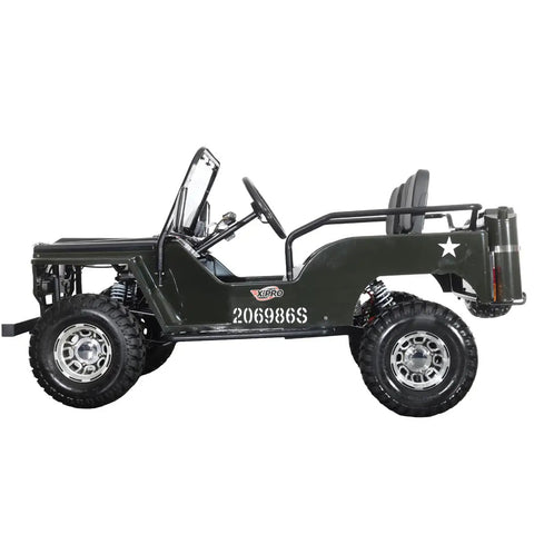E Ranger 3000W Electric Go Kart For Kids With Brushless Motor 60V in Army Green, side view showing aluminum wheels and sturdy frame