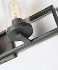 Close-up of Farmhouse Rustic Bathroom Vanity Light Fixture With Wood Frame And Cylindrical Bubbled Glass in antique silver finish.